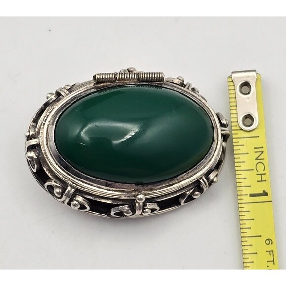 VTG Taxco Sterling Silver Locket Brooch Pin w/ Green Agate Oval Cabochon 1950s - Picture 10 of 13